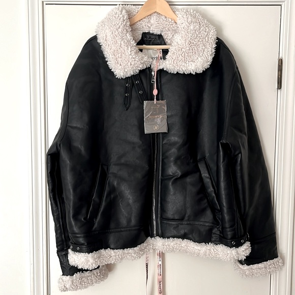 NWT. House of CB Black Shearling Vegan Leather Aviator Jacket Size Large - Picture 7 of 14